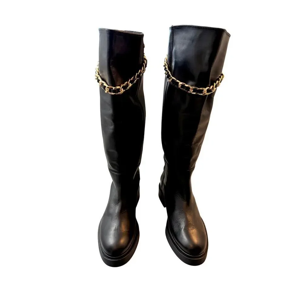 Anthropologie Alohas Pier Black Leather Chain Boots Size 40 NWOT